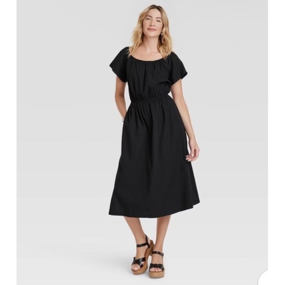 Universal Thread Black Midi Dress‎ Size L Cotton Cutout Back Short Sleeve Cotton